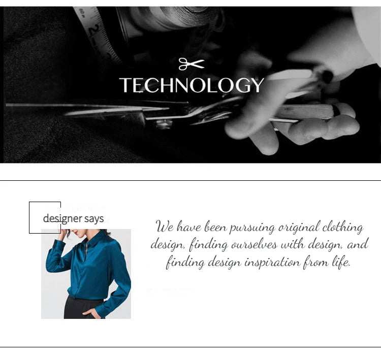 Designer discussing original clothing design over a tailored background, featuring a model in a blue blouse.