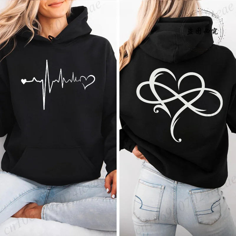 Women's Heartbeat Print Retro Hoodie