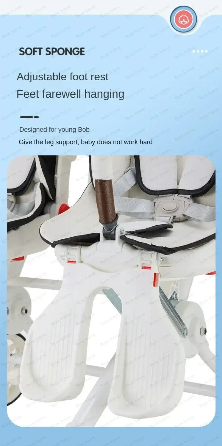 Adjustable foot rest on twin stroller with soft sponge padding, designed for baby comfort and support.