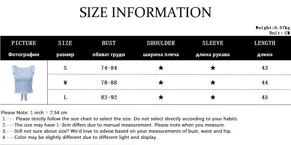 Size chart for plaid bow backless Y2K crop top, showing measurements for small, medium, and large sizes.