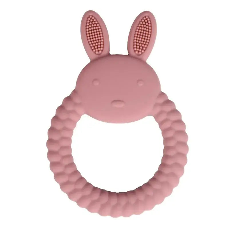 Soft pink silicone baby teether glove with bunny ears, safe for infants to relieve teething pain.