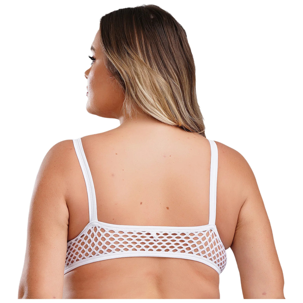 Back view of a woman wearing a sheer white fishnet camisole with spaghetti straps, showcasing plus size fashion.