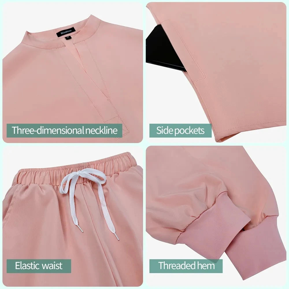 Close-up of women's medical workwear in pink, showcasing three-dimensional neckline, side pockets, elastic waist, and threaded hem.