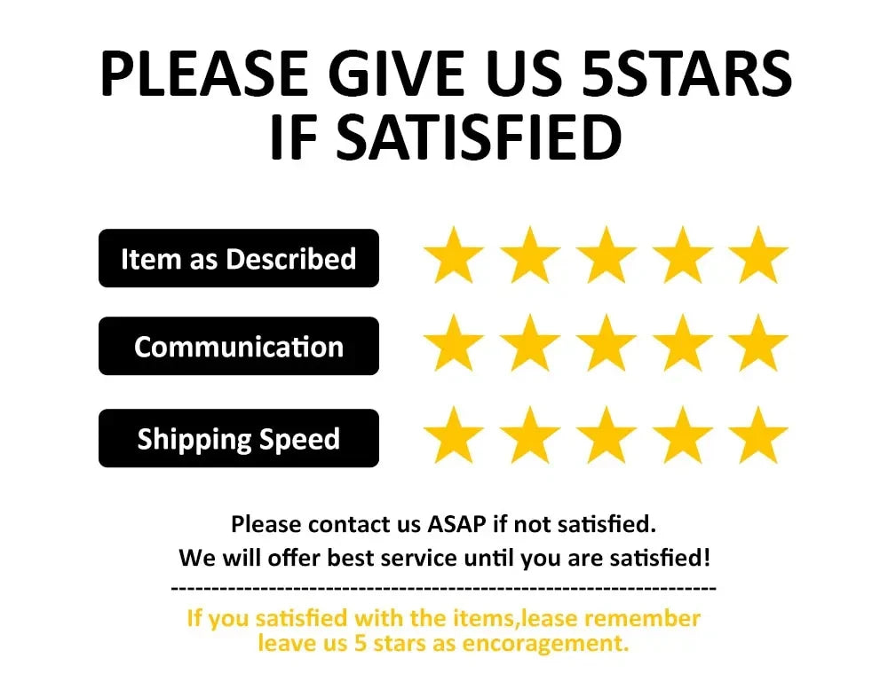 Graphic urging customers to leave 5-star reviews for items based on description, communication, and shipping speed.