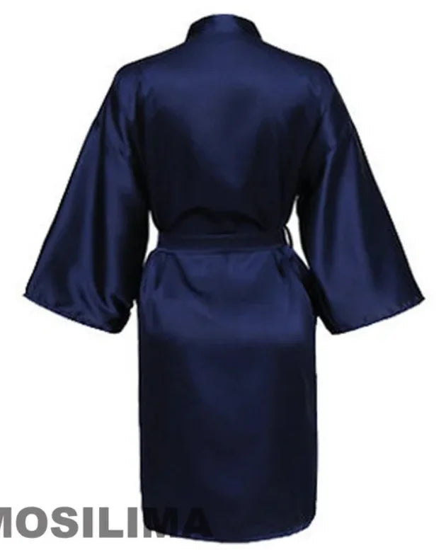Back view of a navy satin kimono robe with short sleeves for women, perfect for bridesmaids.