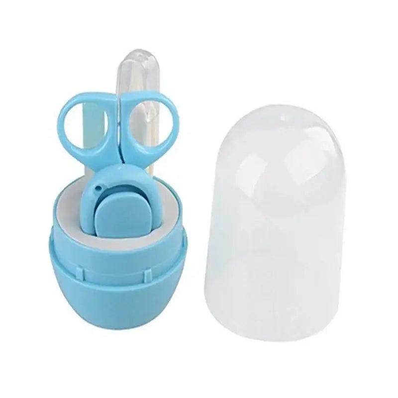 Newborn baby nail scissors in blue with protective cap, safe for infants and toddlers, designed for easy nail trimming.