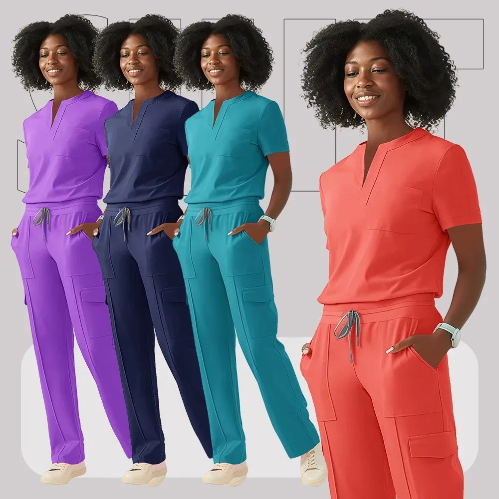 Colorful women's hospital scrub suits in purple, navy, teal, and coral, perfect for healthcare and veterinary professionals.