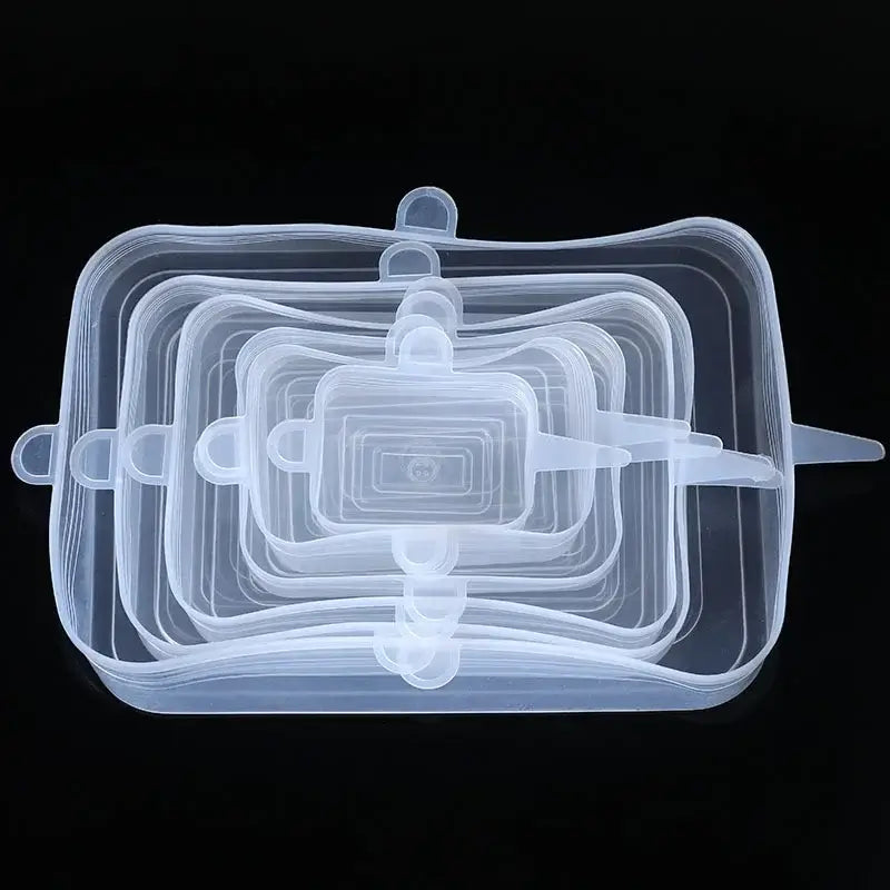 Set of 6 silicone stretch lids for kitchen and microwave use, ideal for food storage and preventing spills.