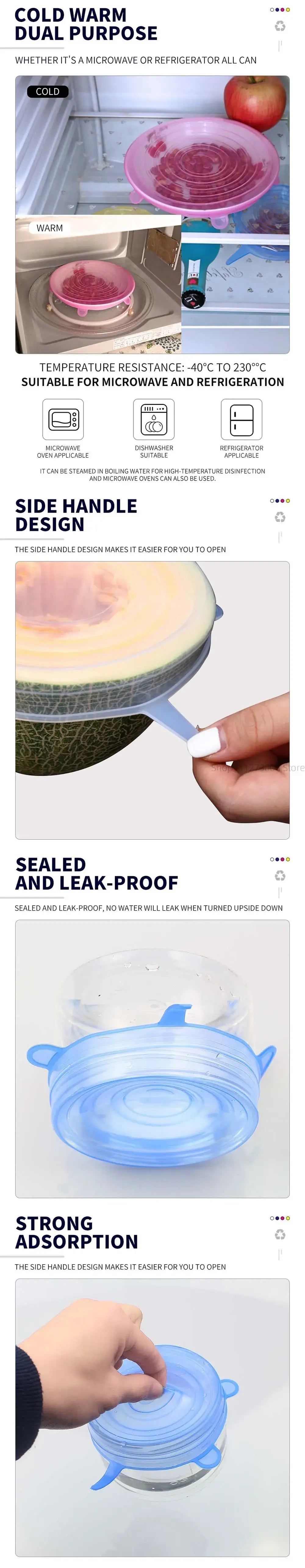 6 pcs silicone stretch lids showcasing features like sealed design, side handles, and leak-proof capabilities for kitchen use.