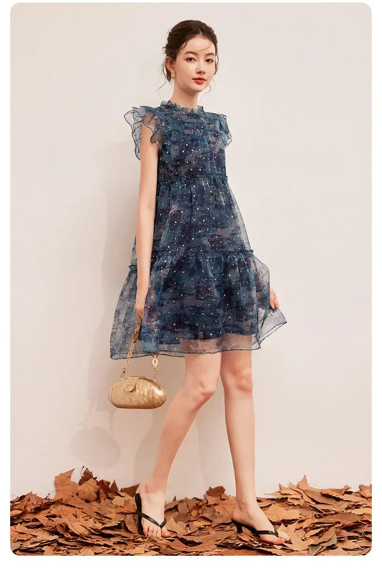LOUIS YAO Sparkling Dress in navy, featuring flounced edges and a mini length, perfect for summer outings.