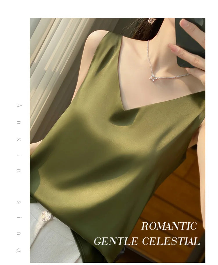 Ice Silk Satin V‑Neck Camisole Crop Top