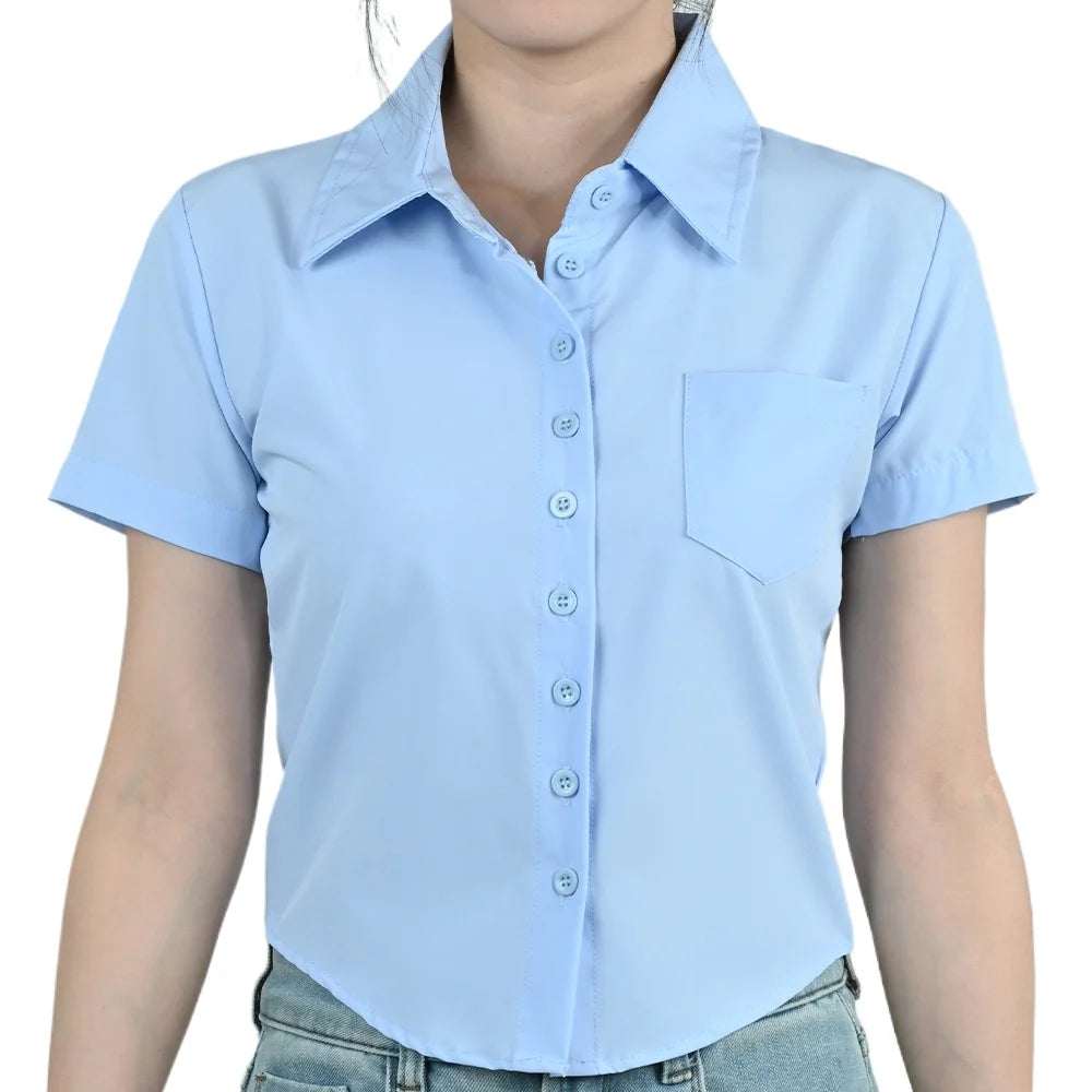 Short sleeve light blue slim fit professional shirt for women with turn-down collar and chest pocket.