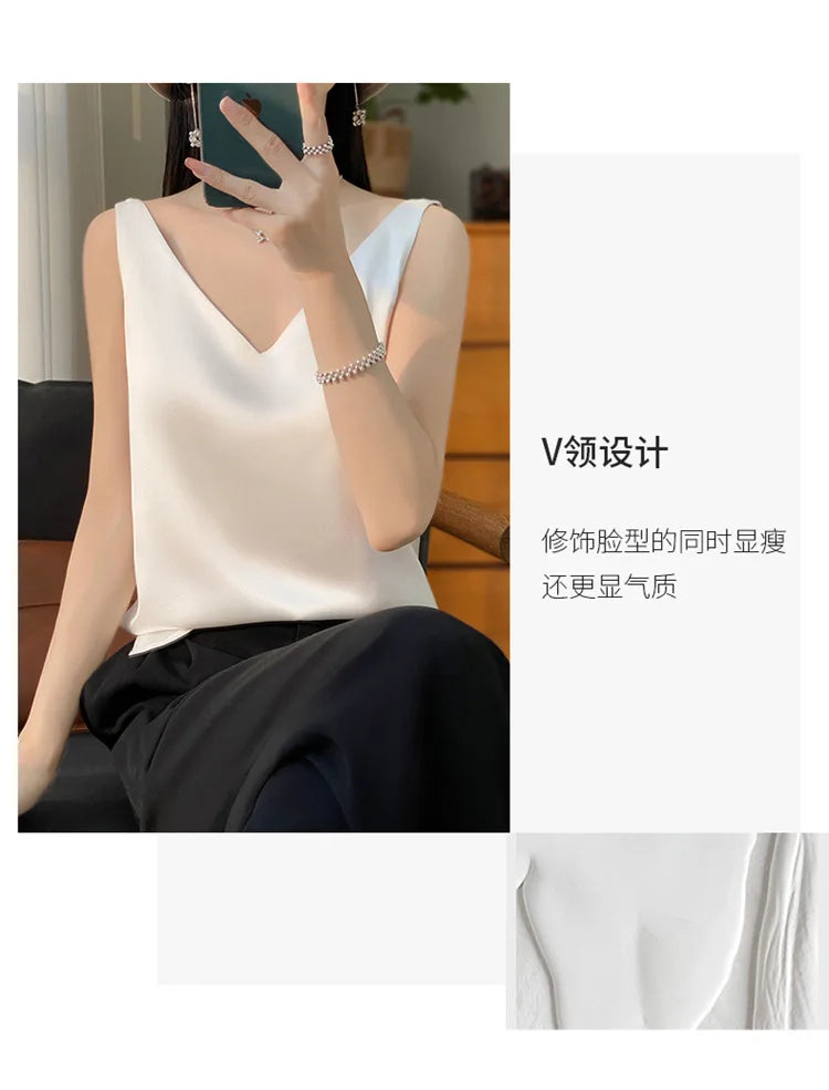 SilkVibe™ Ice Silk V-Neck Camisole in white, perfect for summer style and comfort.