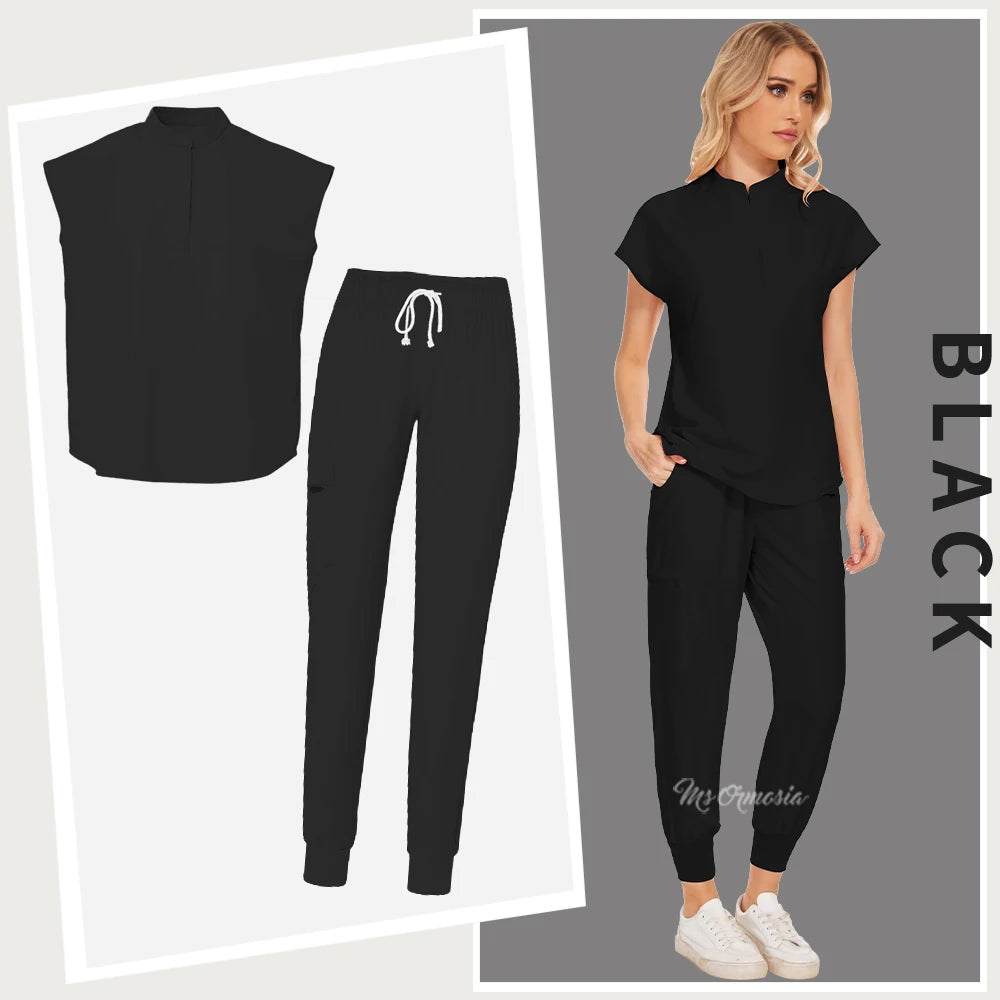 Women's black medical workwear set featuring a short-sleeve top and jogger pants, ideal for beauty salons and healthcare professionals.