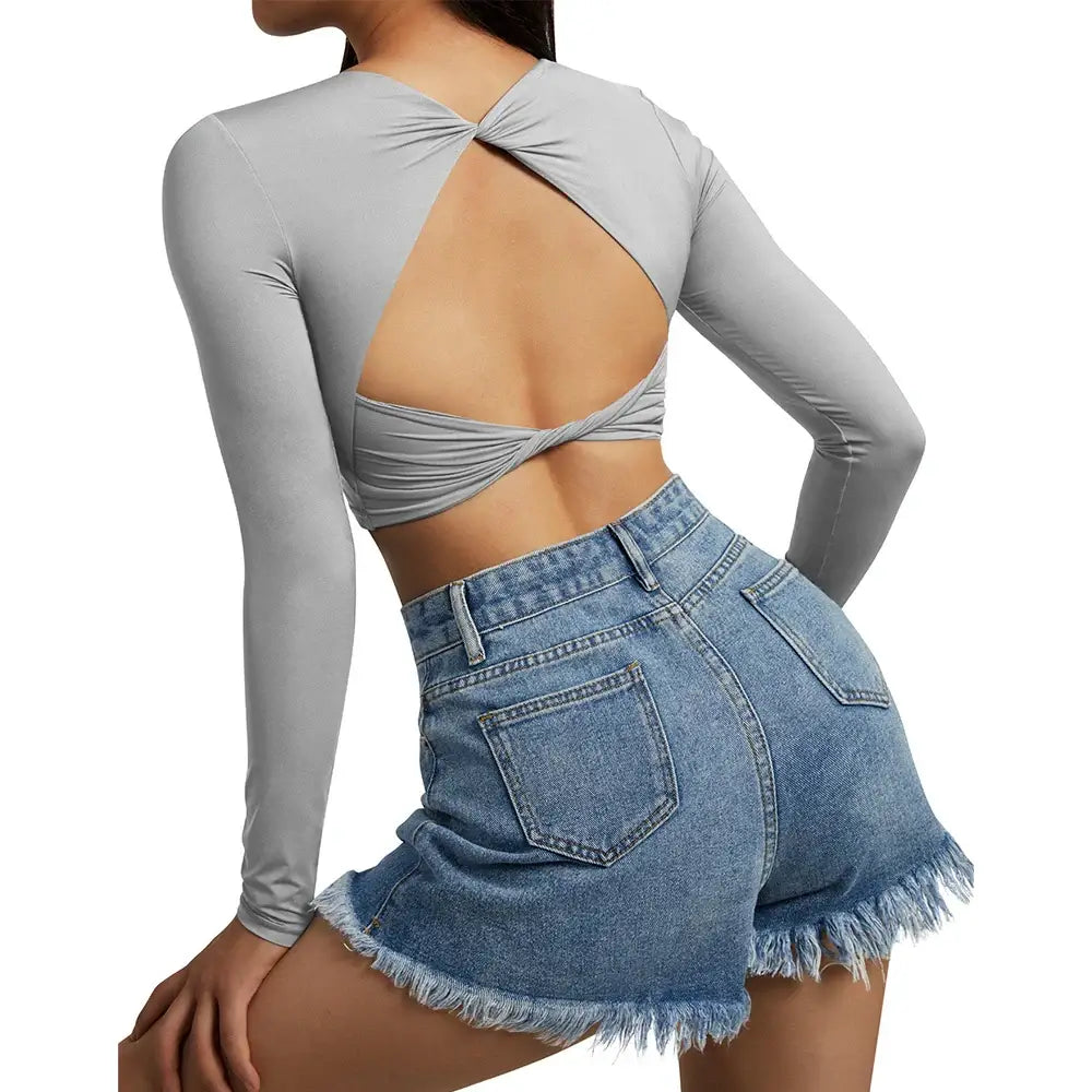 بلوزة يوغا نسائية مفتوحة الظهر بأكمام طويلة