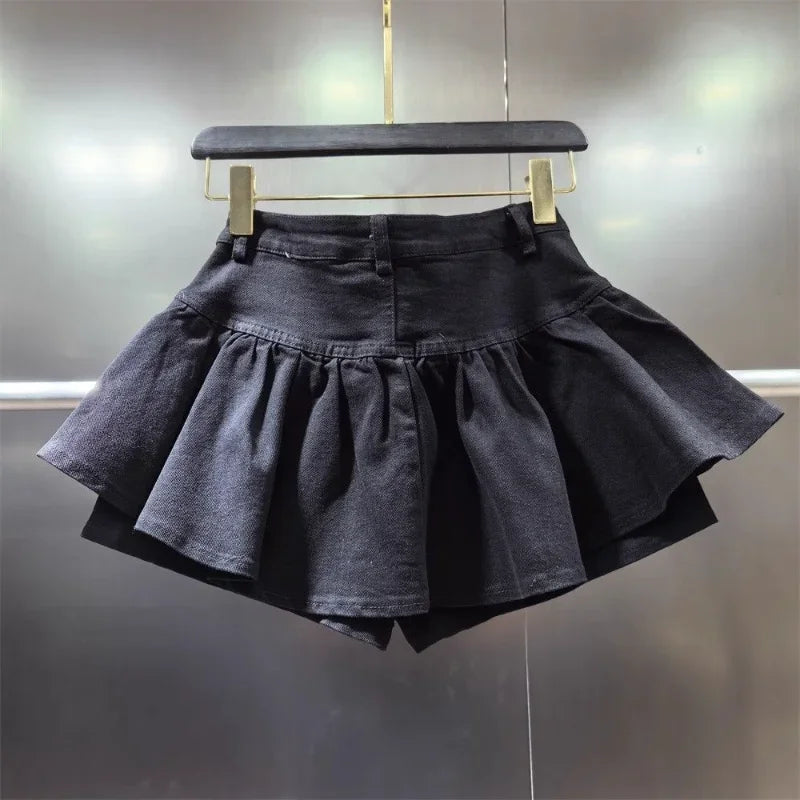 PuffyBelt™ – Puffy Layered Denim Skirt (Black A-line, High Waist)