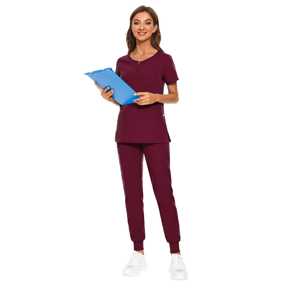 7-color nursing work uniform in maroon with zip v-neck top and pants, ideal for various professions including healthcare and beauty.