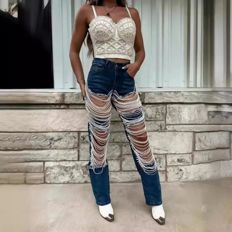 ChainTear™ – Bead Chain Ripped Slim Denim Pants 2025 (Grungy, Sleek & Decorative)