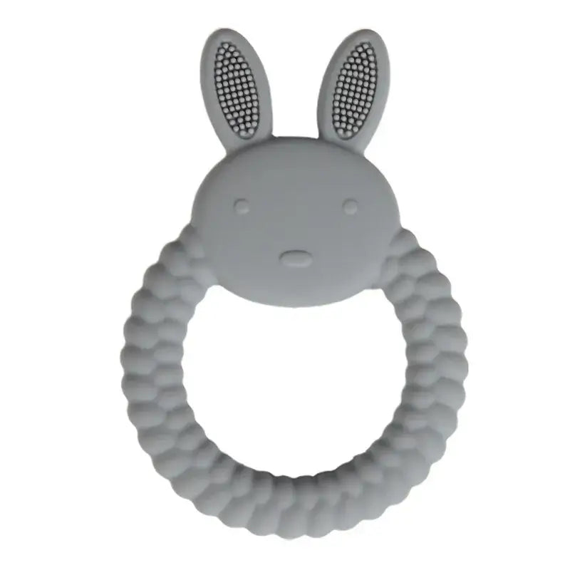 Soft silicone baby teether glove in rabbit design, safe for infants to relieve teething pain.
