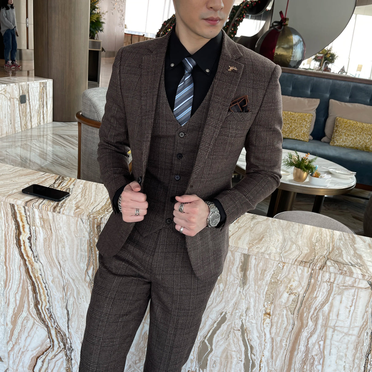 Men Plaid 3-Piece Business Suit