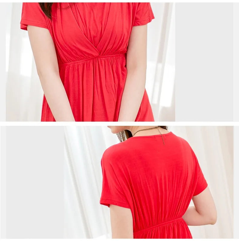 Soft fabric nursing maternity dress in red, featuring a V-neck design and flattering mid-calf length for postpartum comfort.