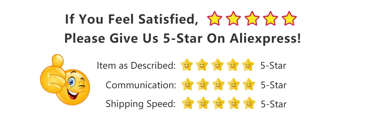 Customer satisfaction request for 5-star rating with smiley and thumbs up emoji.