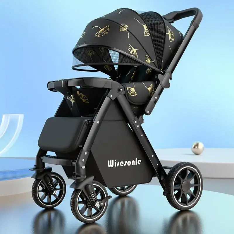 Lightweight baby stroller with high landscape design, folding capability, and stylish black fabric, perfect for infants and toddlers.