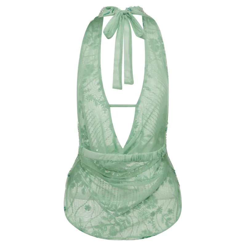 بلوزة نسائية بدون أكمام ذات ترتر عميق على شكل حرف V