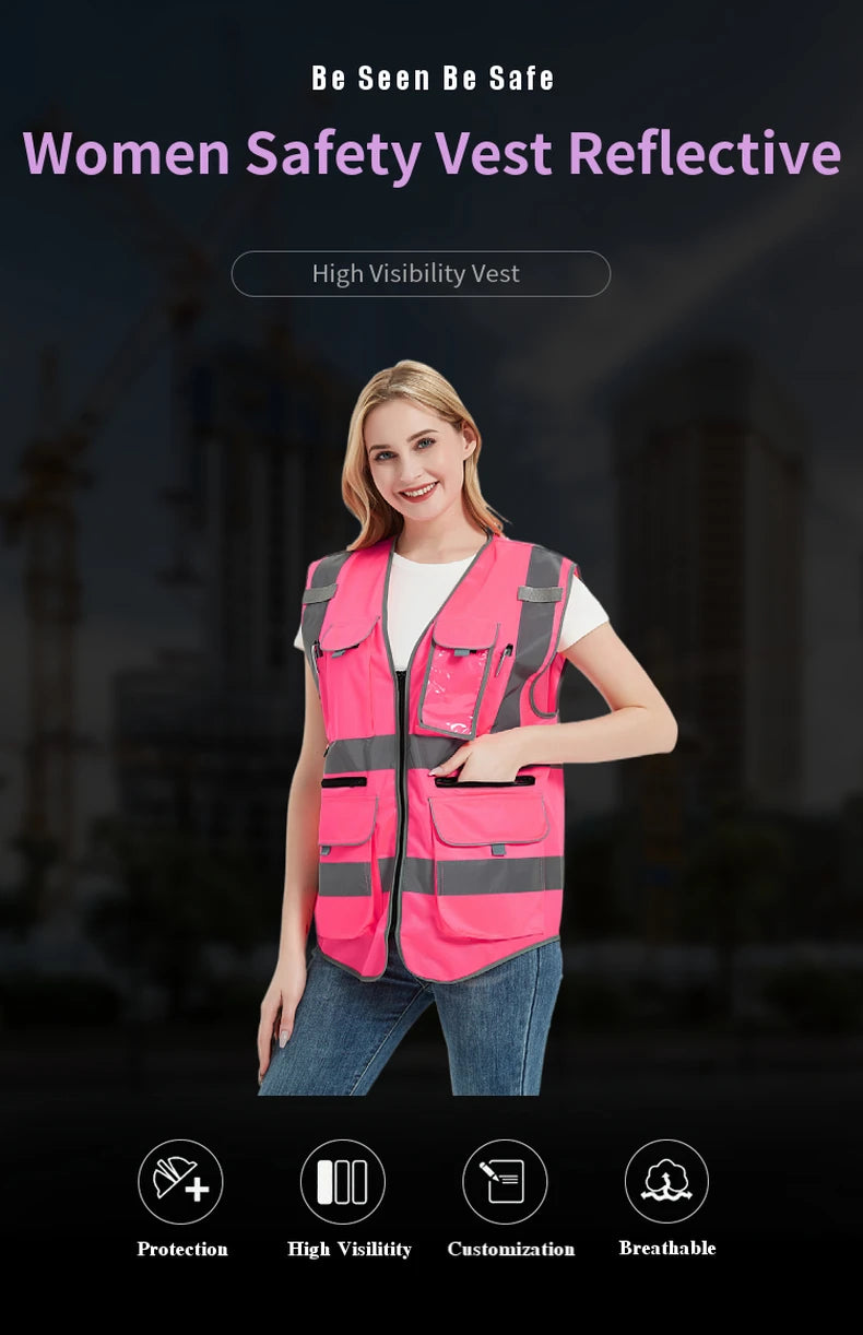 Women’s high visibility pink safety vest with reflective tape for protection in various work environments.