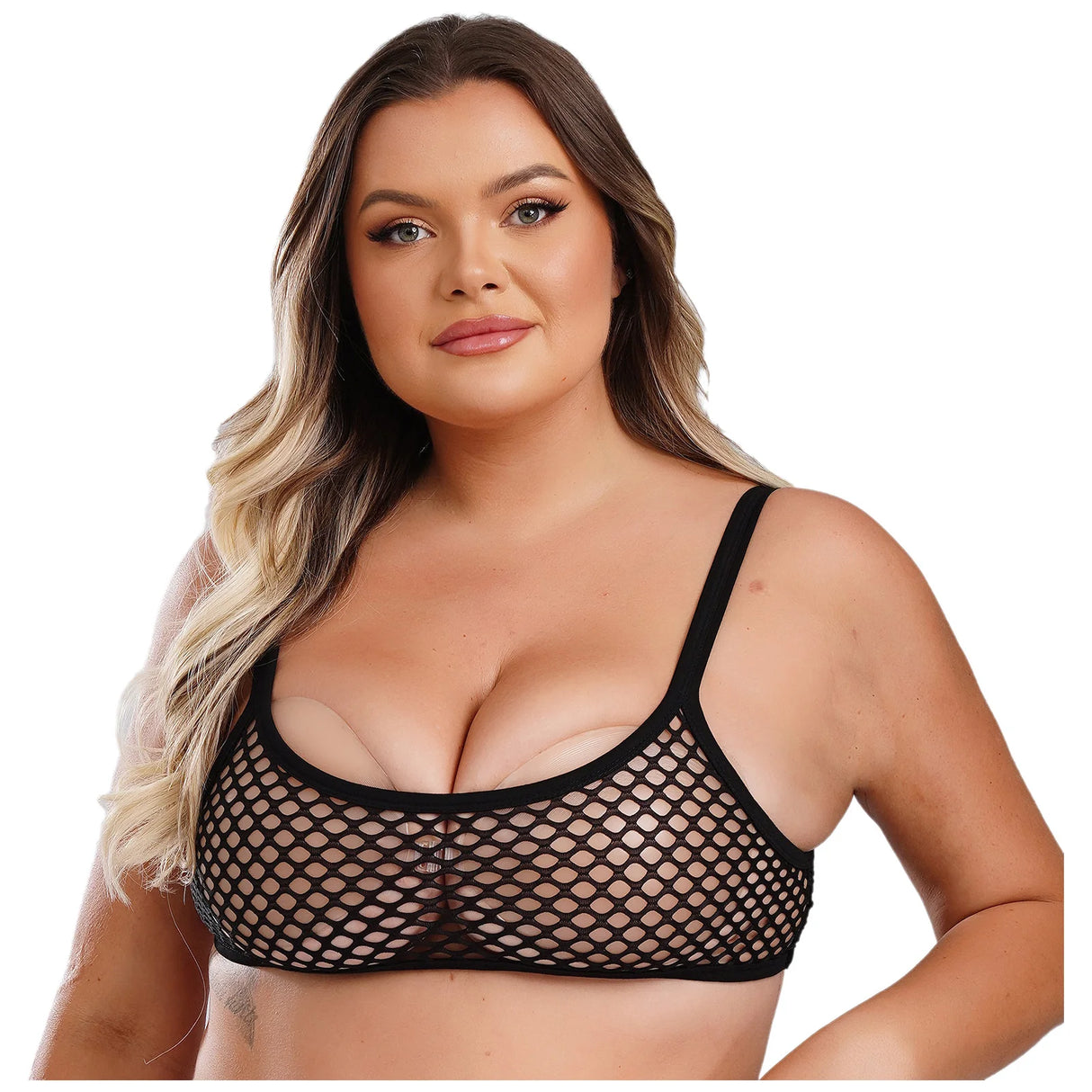 SheerCurvz™ plus size fishnet camisole crop top with spaghetti straps for women.