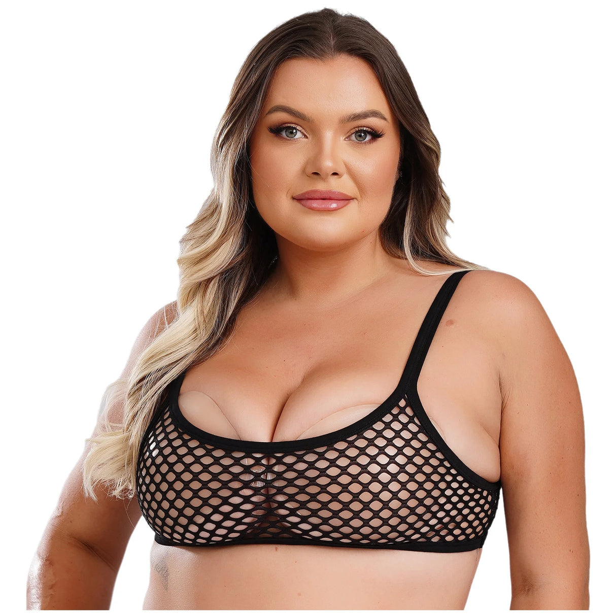 SheerCurvz™ Plus Size Fishnet Camisole in black, featuring spaghetti straps and a see-through design for a bold look.