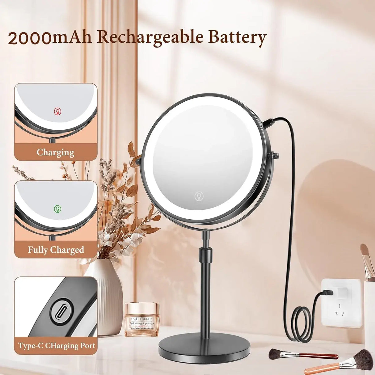 8-inch makeup mirror with light, 10x magnification, 2000mAh rechargeable battery, Type-C charging, perfect for beauty routines.