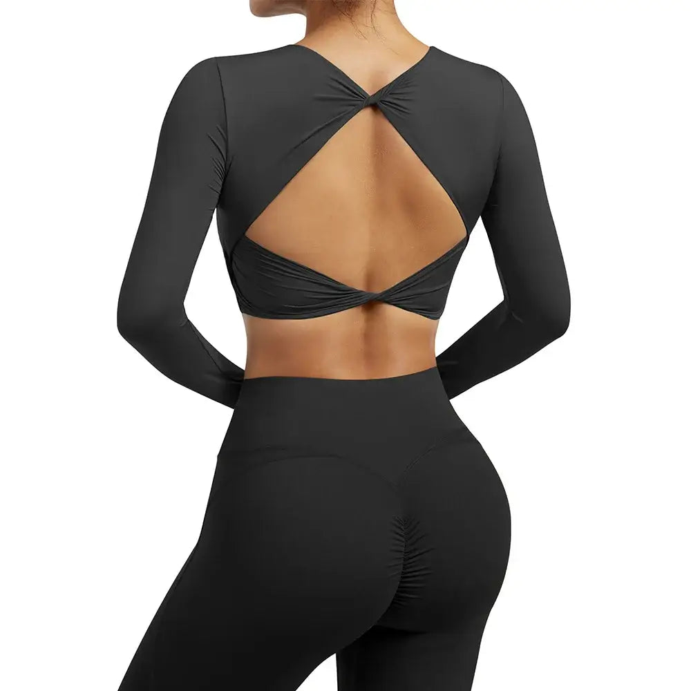 بلوزة يوغا نسائية مفتوحة الظهر بأكمام طويلة