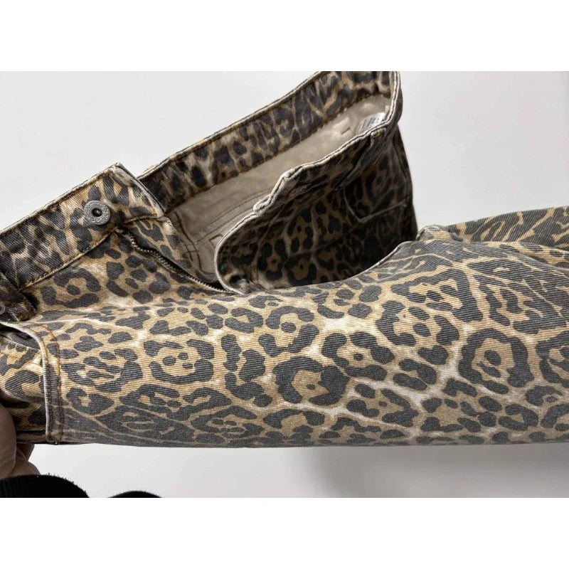 Leopard Print Retro Baggy Denim Pants