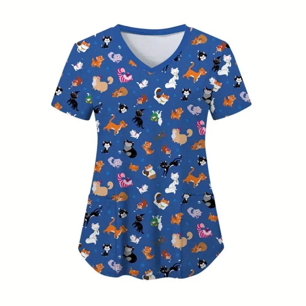 Cartoon animal scrubs women's vet top in blue with playful cat and dog designs, ideal for medical professionals.