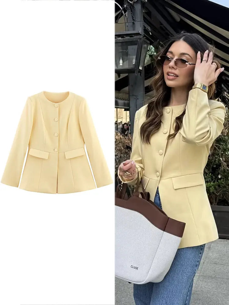 Elegant Yellow O-Neck Blazer Coat