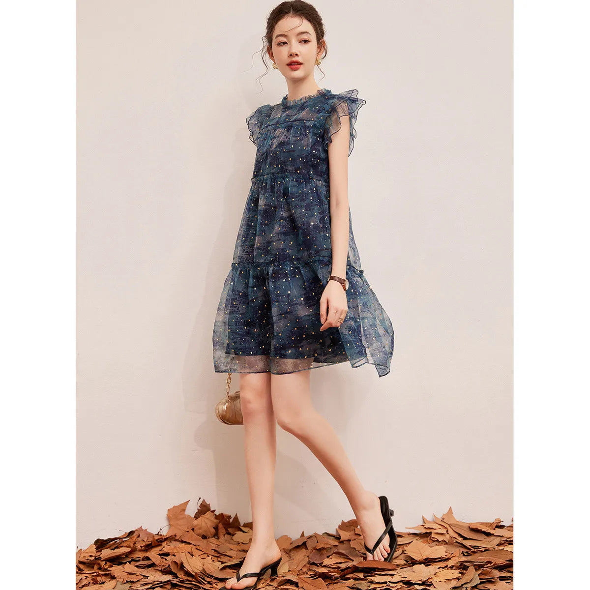 LOUIS YAO Sparkling Dress for women, above knee mini dress with flounced edge and O-neck, perfect summer outfit.