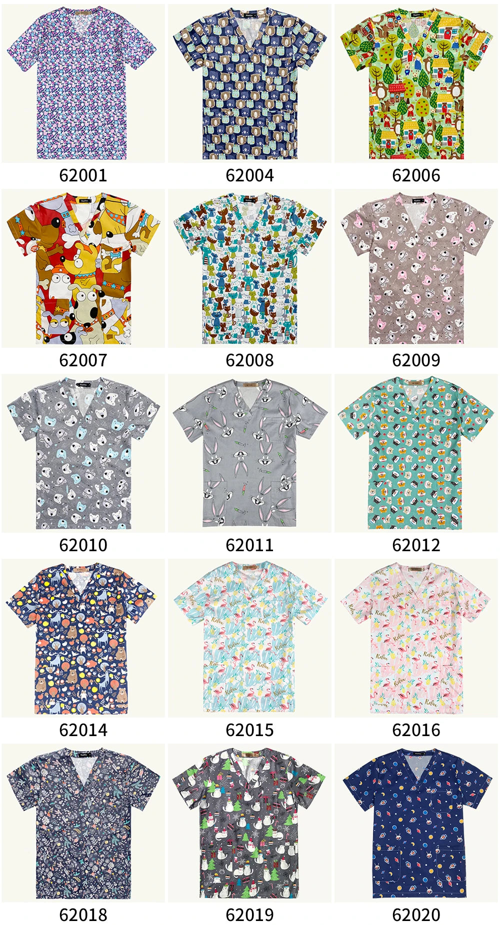 Colorful women's hospital nurse scrubs featuring floral and anime prints in various styles and designs.