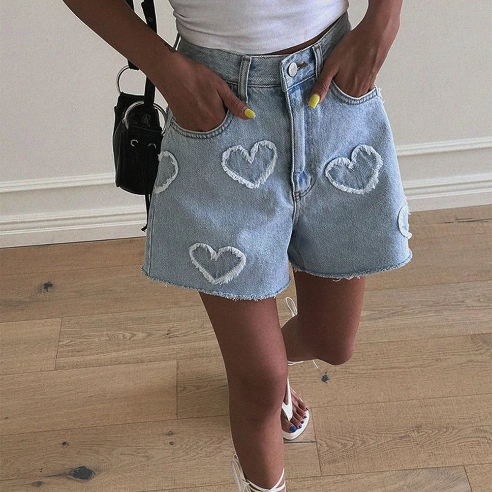 HeartJorts™ – Y2K High Waist Jorts (LOVE Heart Pattern, Chic & Washed)