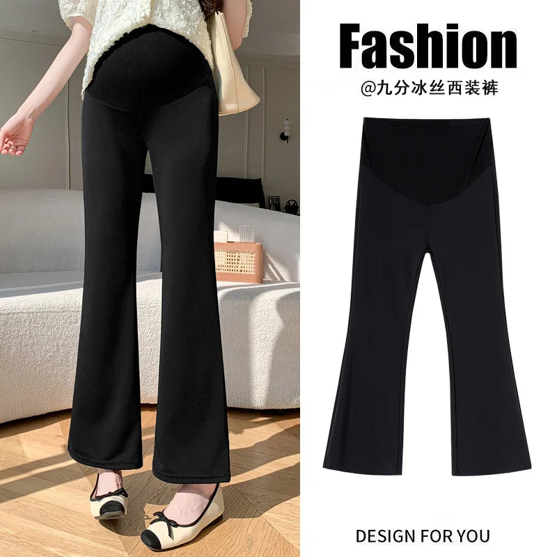 Y2K Bootcut Maternity Pants in Ice Silk, stylish black design for summer, perfect for expecting women, size M to 3XL.