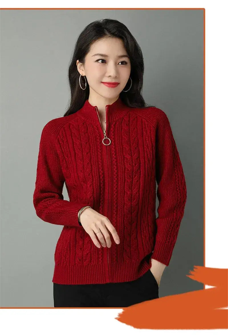Women Zipper High Collar Knit Cardigan