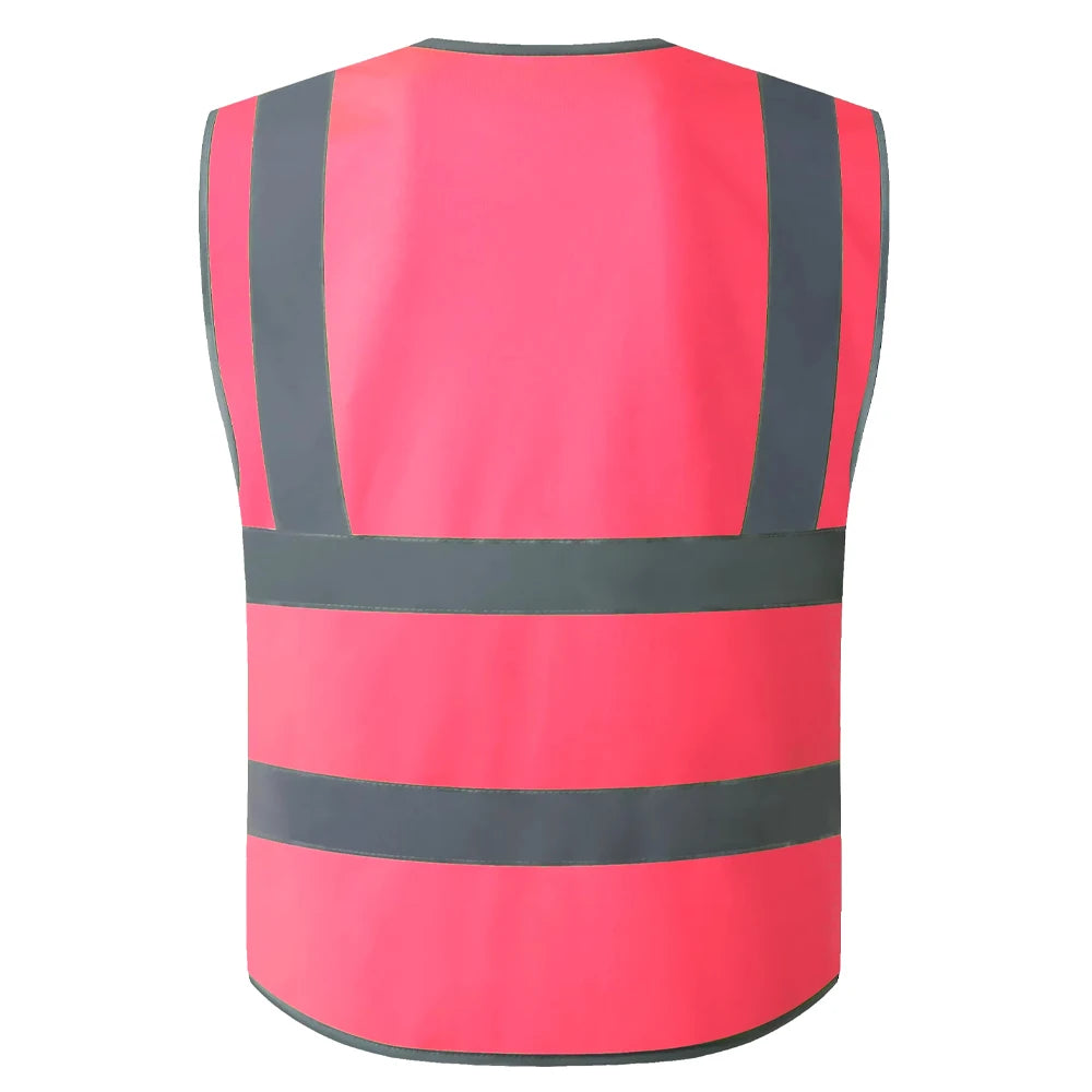 Hi-Vis pink safety vest with reflective stripes, multi-pocket design for work, suitable for various industries.