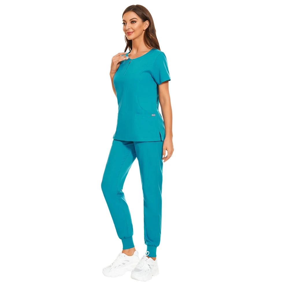 Women’s 7-color scrub set uniform featuring a zipper V-neck top and pants in vibrant teal, suitable for various work environments.