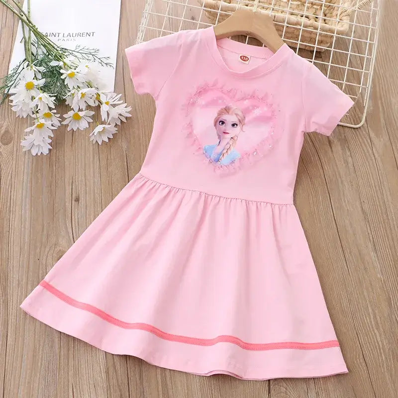 Girls summer dress featuring a cartoon princess design, made of cotton, ideal for ages 4-6, in a lovely pink color.