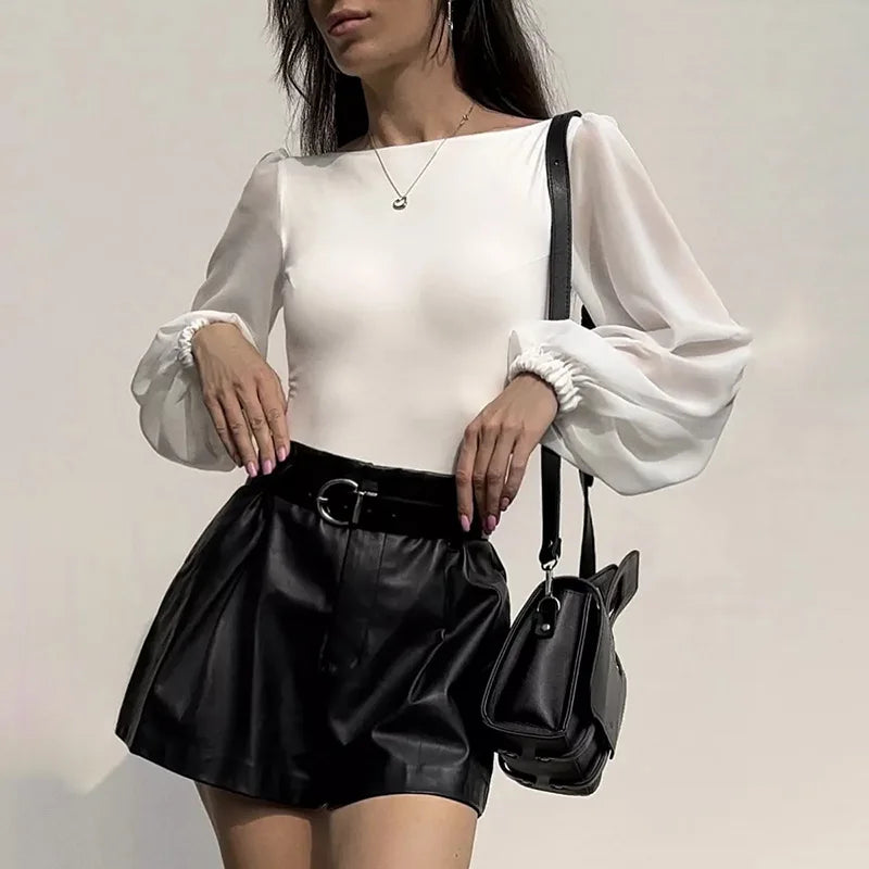 Women's Mesh Long Sleeve Bodysuit – Sexy Black White Bodycon Top