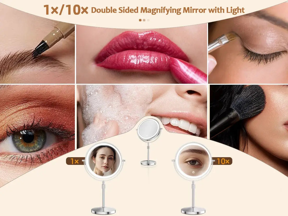 8 Inch double-sided makeup mirror with light and 10X magnification, perfect for detailed beauty routines and makeup application.