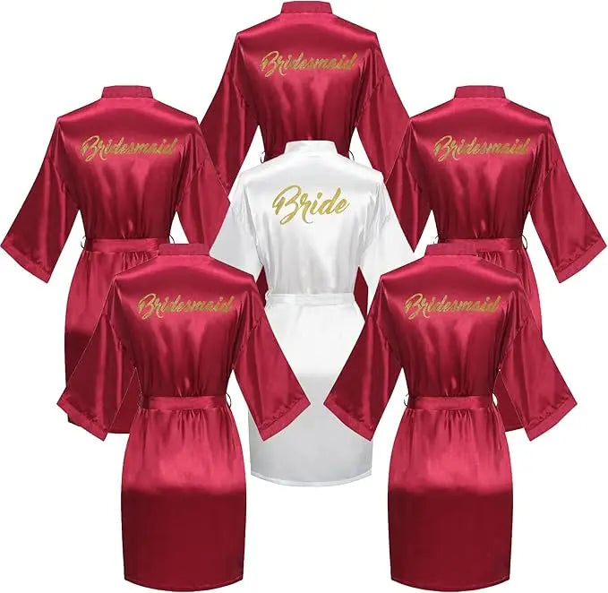 6-piece satin bridal shower robe set featuring 'Bride' and 'Bridesmaid' robes in red and white for women.
