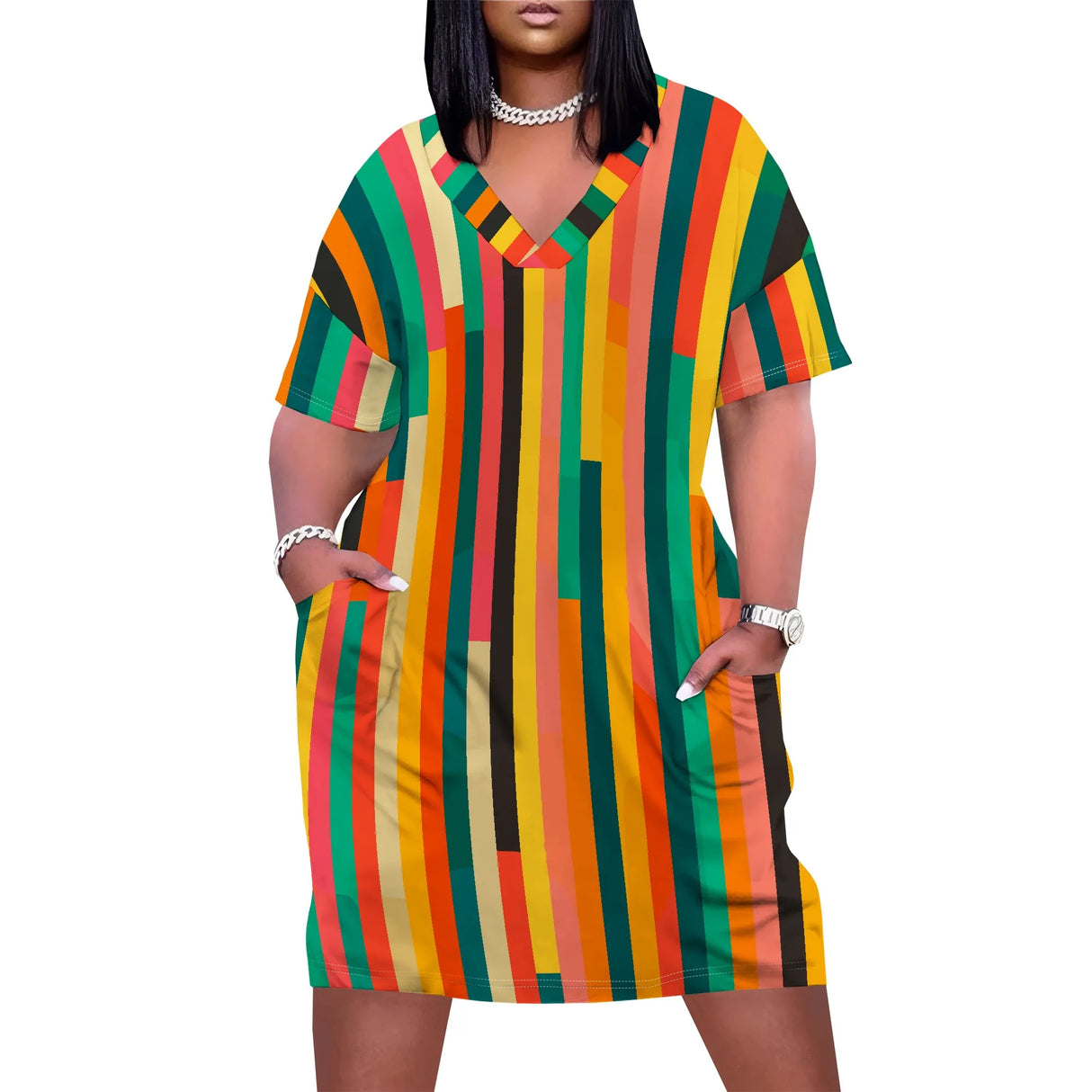 فستان شاطئ نسائي برقبة على شكل حرف V وزهرة عباد الشمس