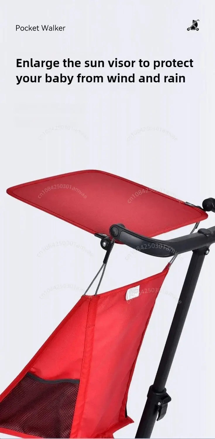 Red baby stroller sun visor to protect from wind and rain, featuring a practical design for comfort and safety.