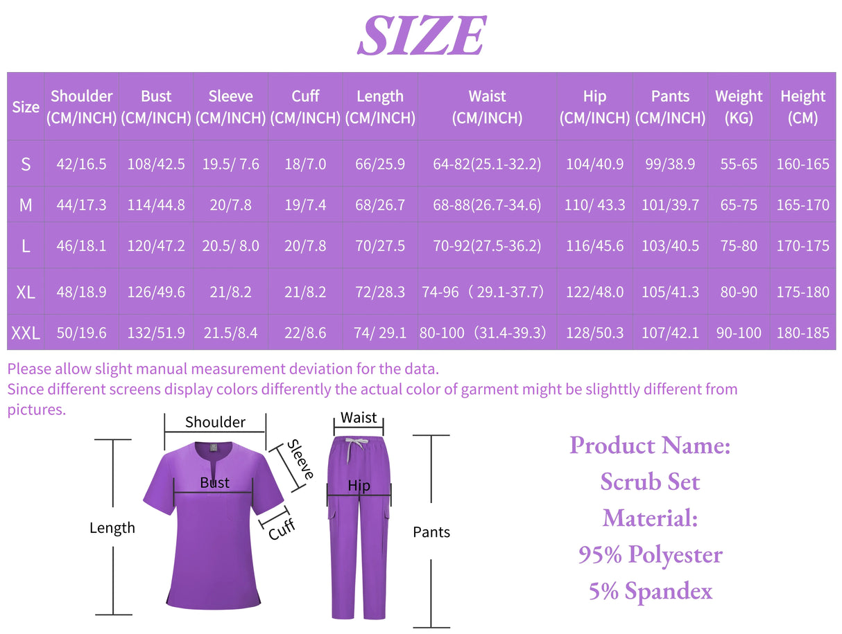 Size chart for Women's Hospital Scrub Suit, showcasing measurements for various sizes in a clear, easy-to-read format.